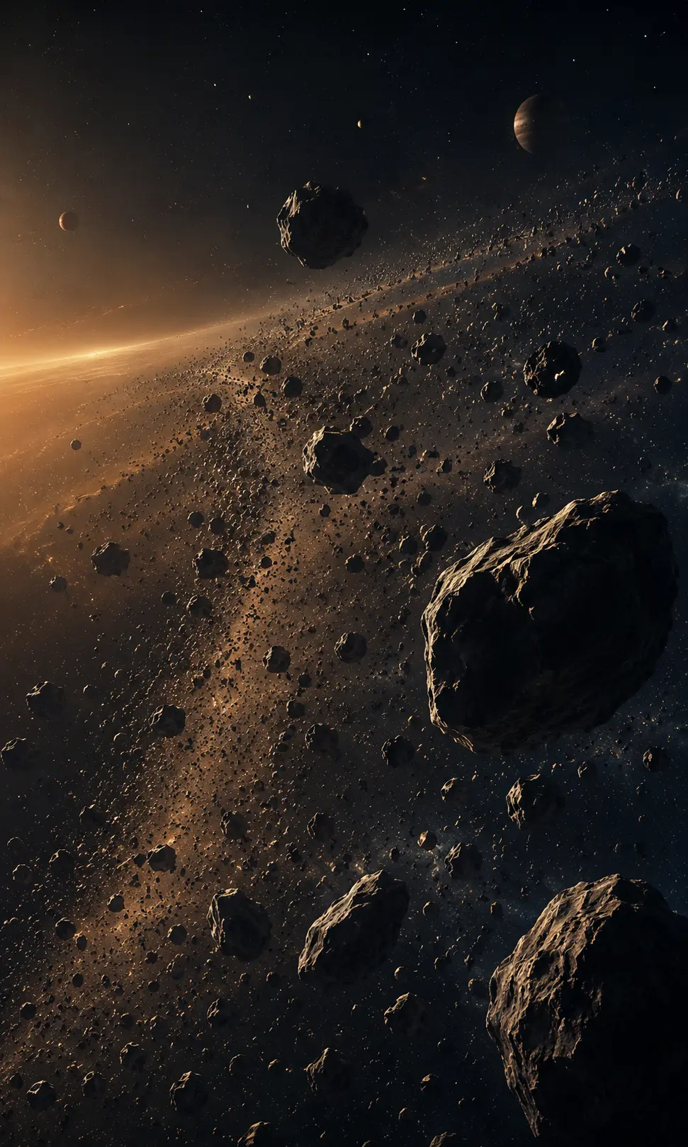 Asteroid Belt region with rocky bodies in deep space
