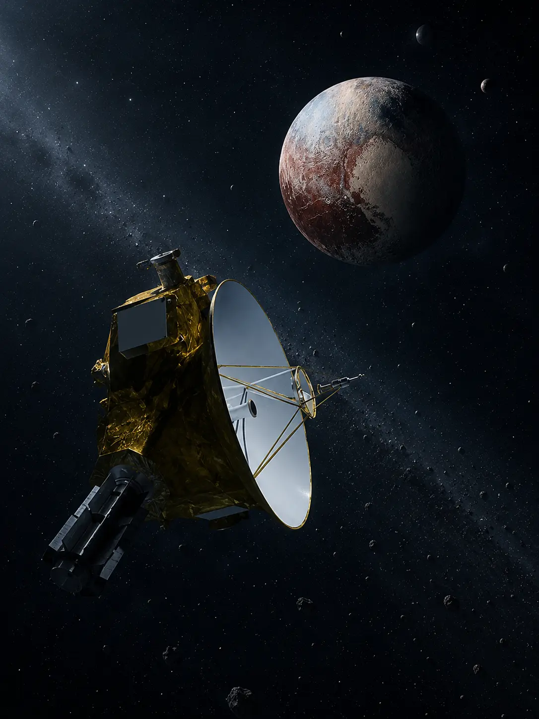 New Horizons spacecraft flying past Pluto in deep space